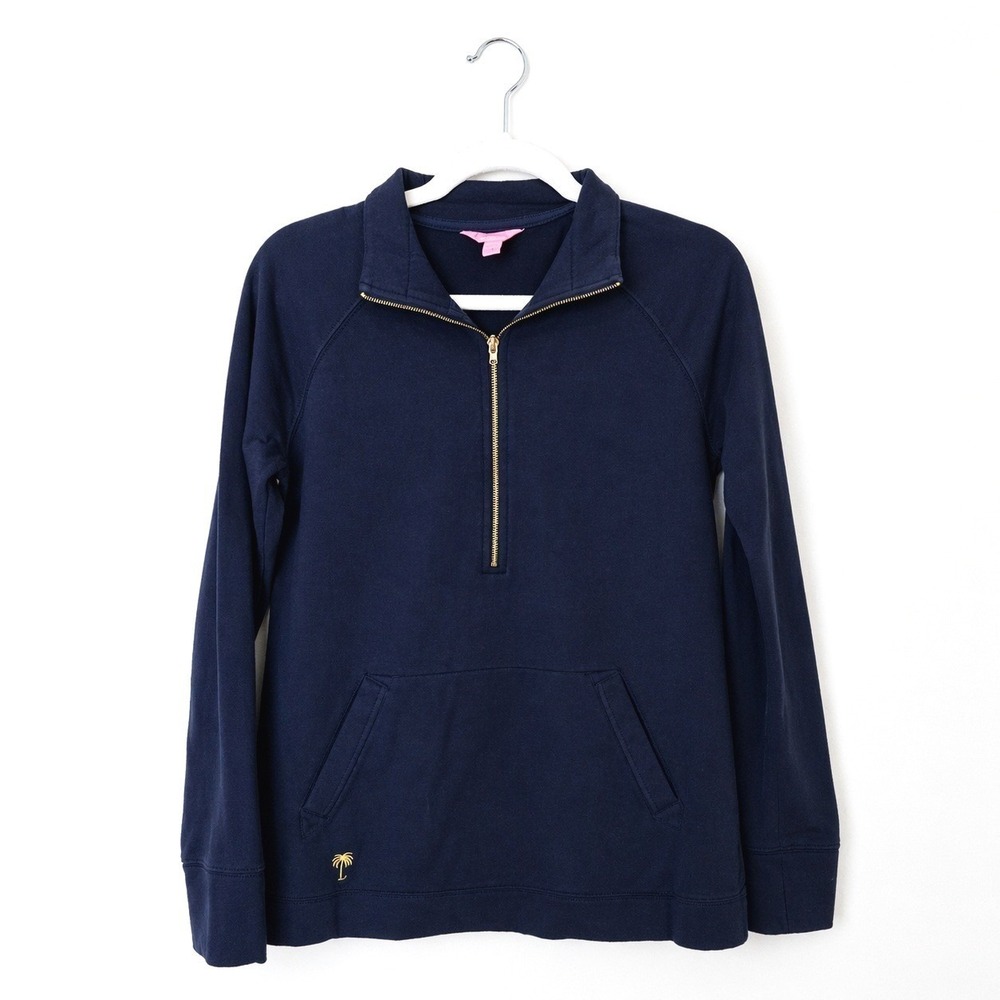 Lilly‎ Pulitzer Full Zip Sweatshirt Women XS Navy Blue Palm Tree Gold Zipper